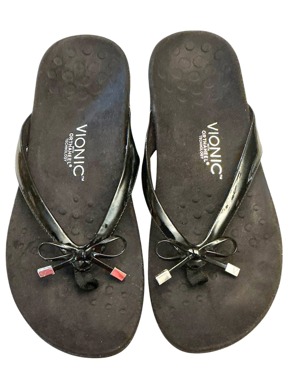 Vionic  Bella II Black Patent Bow Toe-Post Thong Slip on Ortho Sandal Sz-10 Wide - Picture 5 of 15